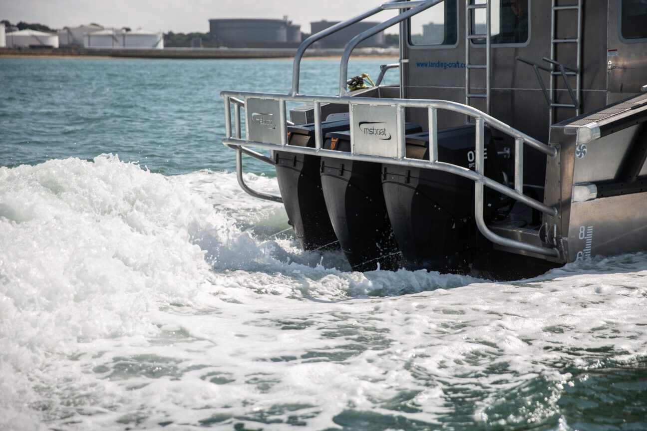 River Thames Landing Craft powered by 150HP OXE Diesel Outboards which were supplied by Proteum